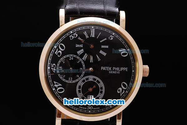 Patek Philippe Classic Chronograph Manual Winding Gold Bezel with Black Dial,White Marking and Black Leather Strap - Click Image to Close